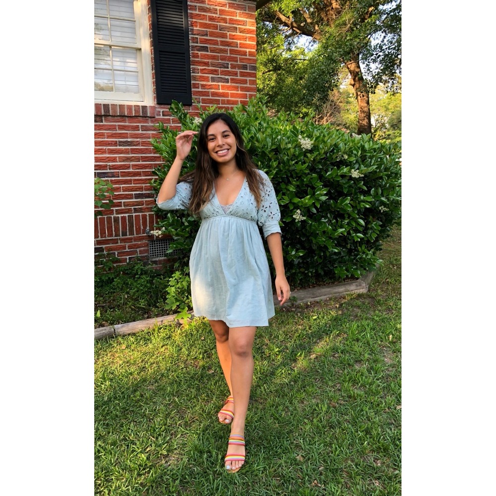 Listicle Sage Green Eyelet Lace‎ V-Neck Mini Dress Empire Waist Small